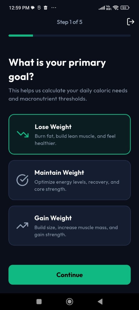 NutriVault goal selection — Lose, Maintain or Gain Weight