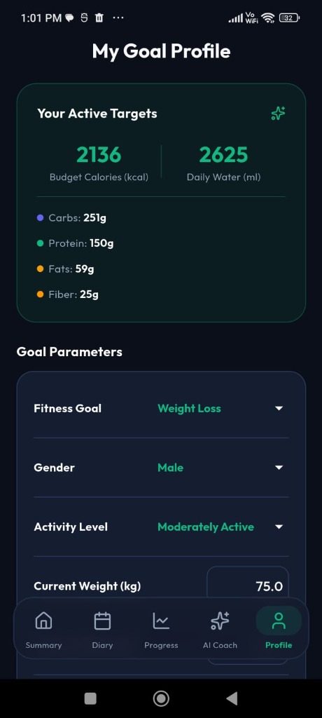 NutriVault My Goal Profile with calorie budget and macros