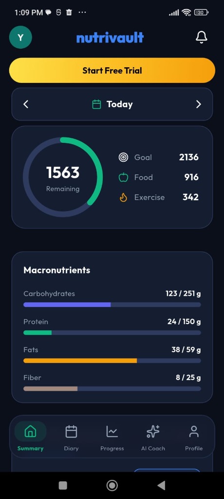 NutriVault Summary dashboard with calorie ring