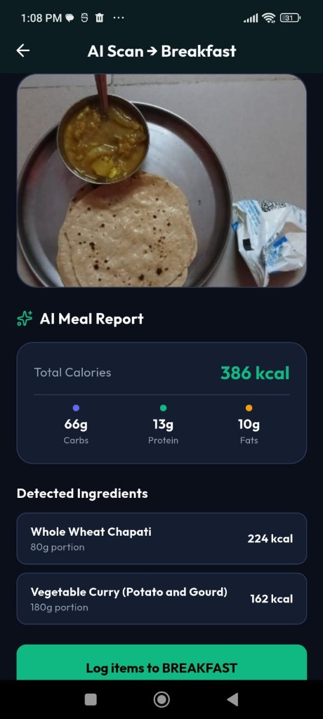 NutriVault AI Scan showing chapati and curry with 386 kcal
