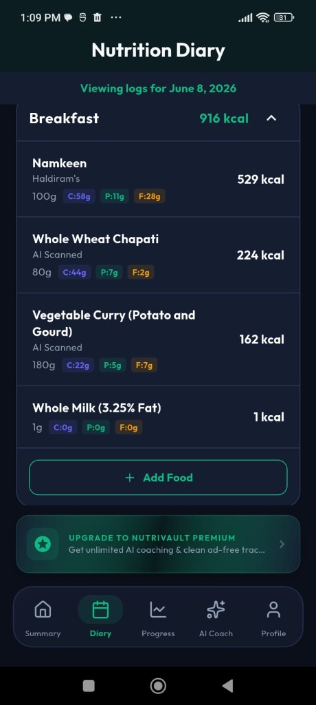 NutriVault Nutrition Diary breakfast log